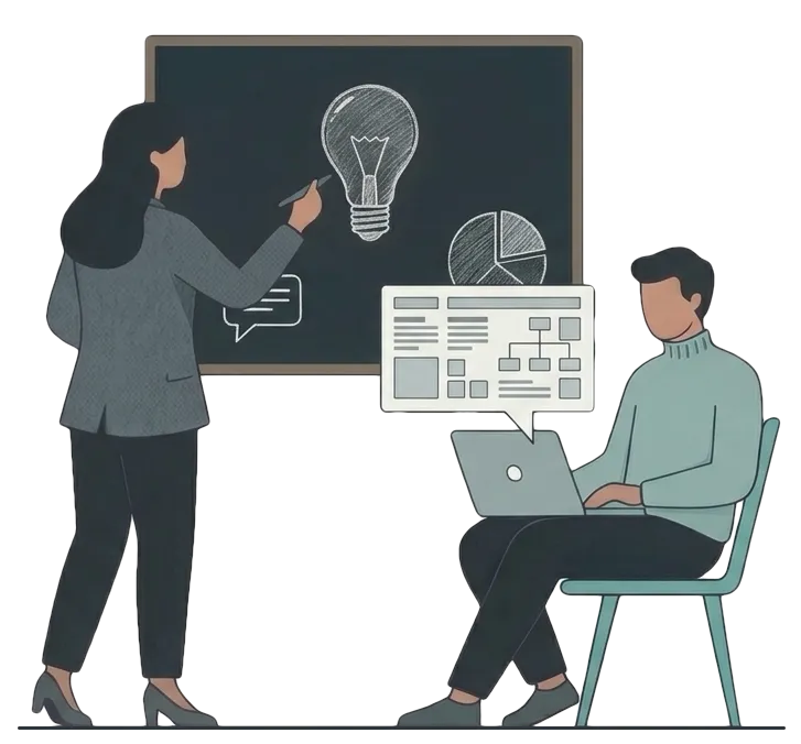 Illustration of a strategist at a whiteboard and a developer building the site plan