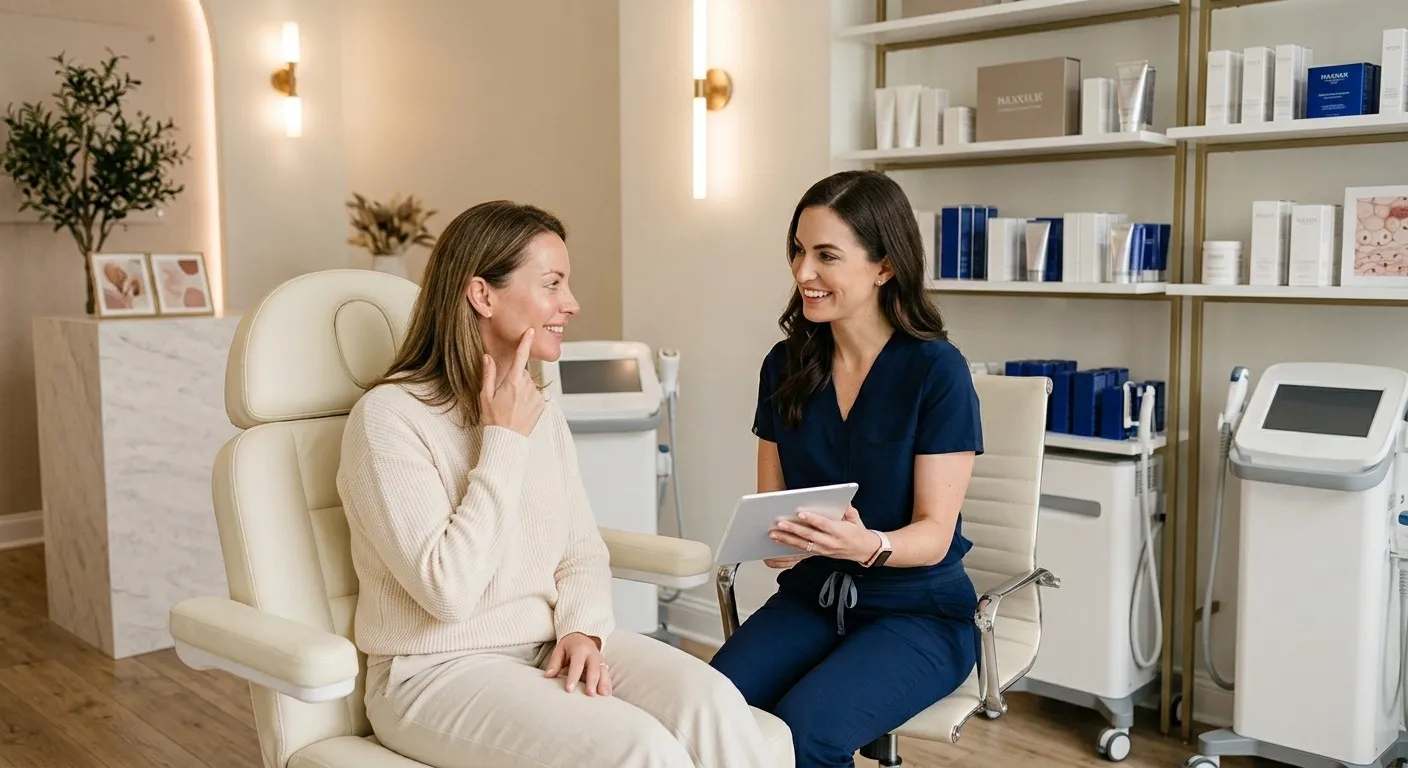 A medspa clinician talking through a treatment plan with a client in a treatment chair